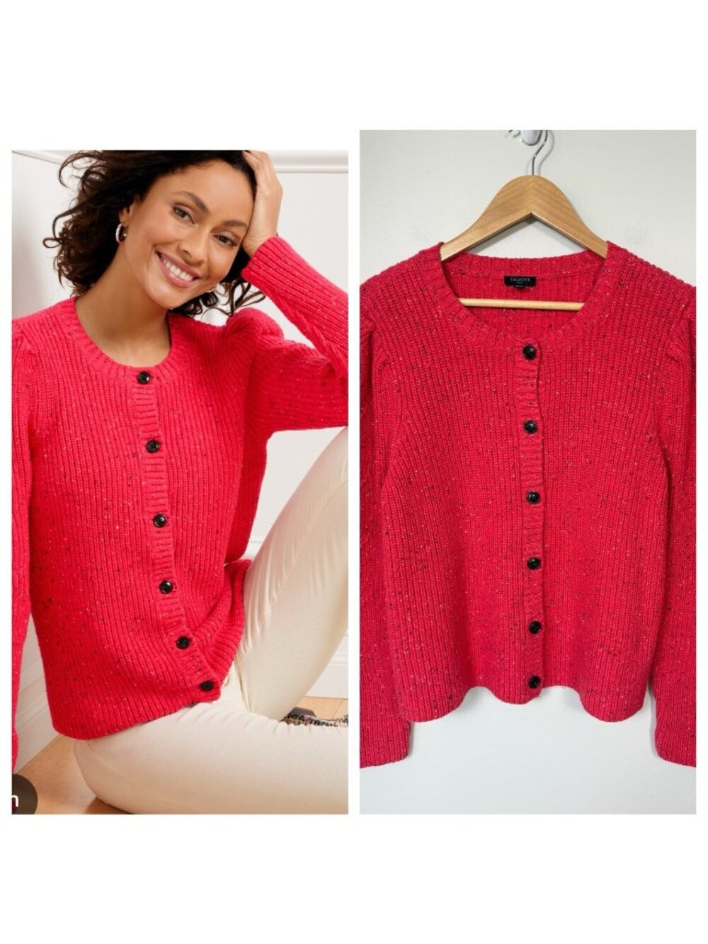 Talbots Sweater Women XL Petite Pink Puff Sleeve Tweed Cardigan Cotton Classic